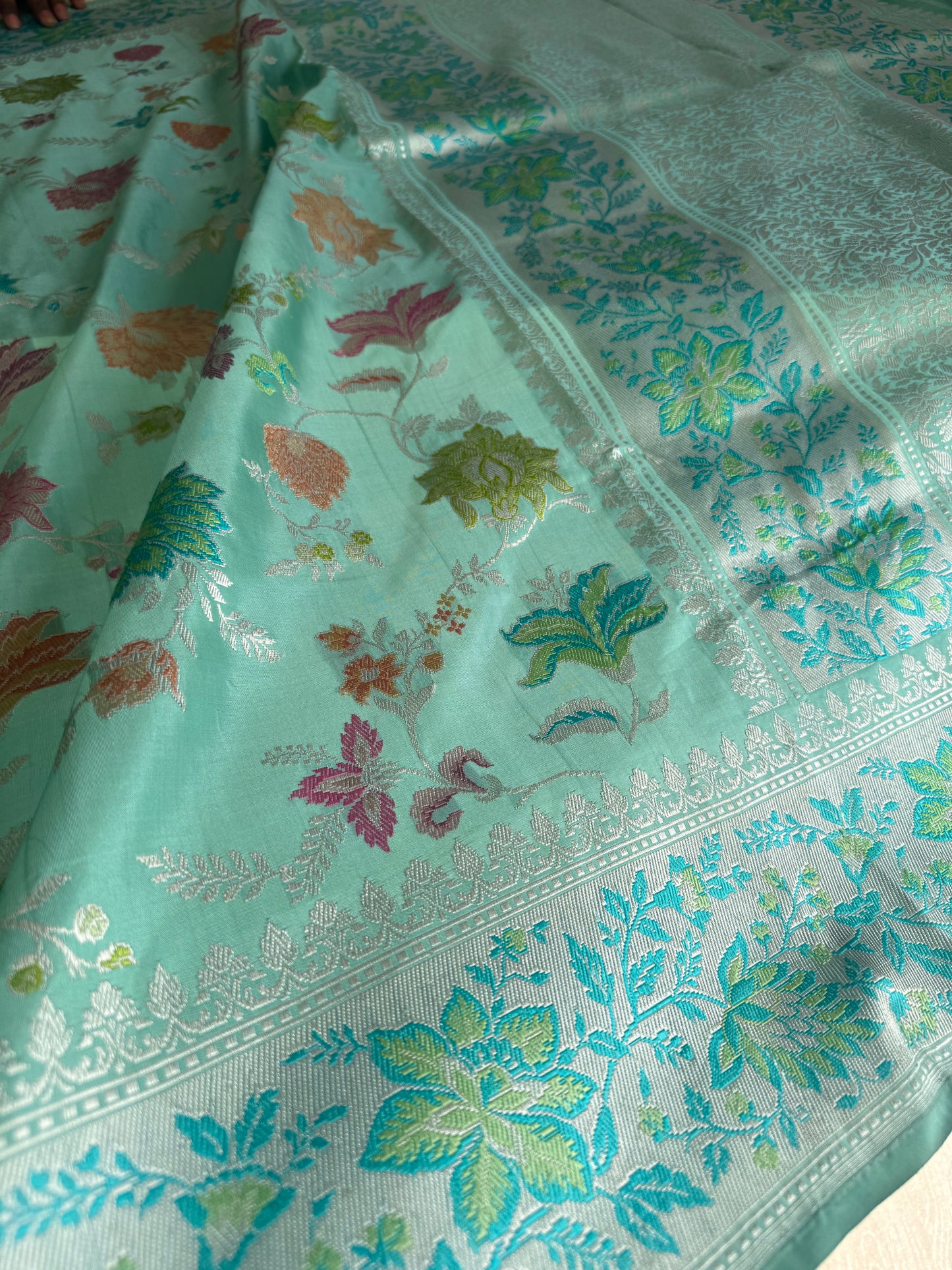 Handwoven Aqua Silver Zari Kadhwa Jaal Saree with Resham Border