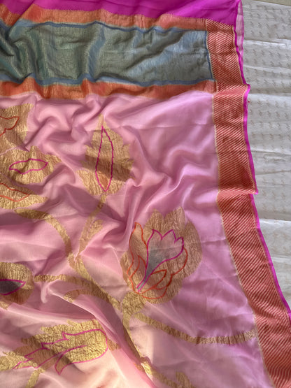 Handwoven Georgette Floral Hand-Dyed Banarasi Saree