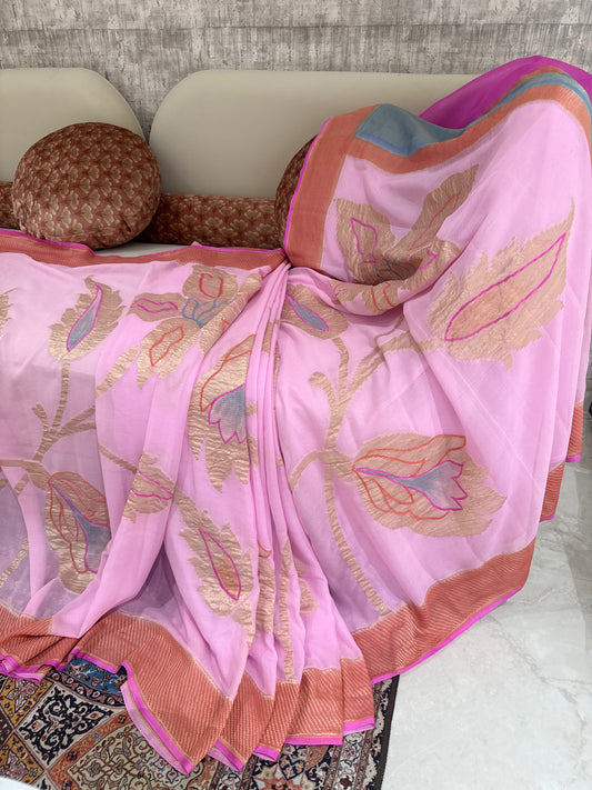 Handwoven Georgette Floral Hand-Dyed Banarasi Saree