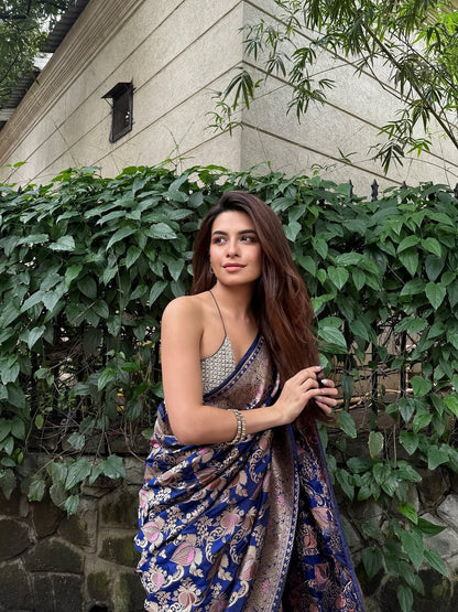 Handwoven Persian Blue Katan Silk Meenakari Jaal Saree