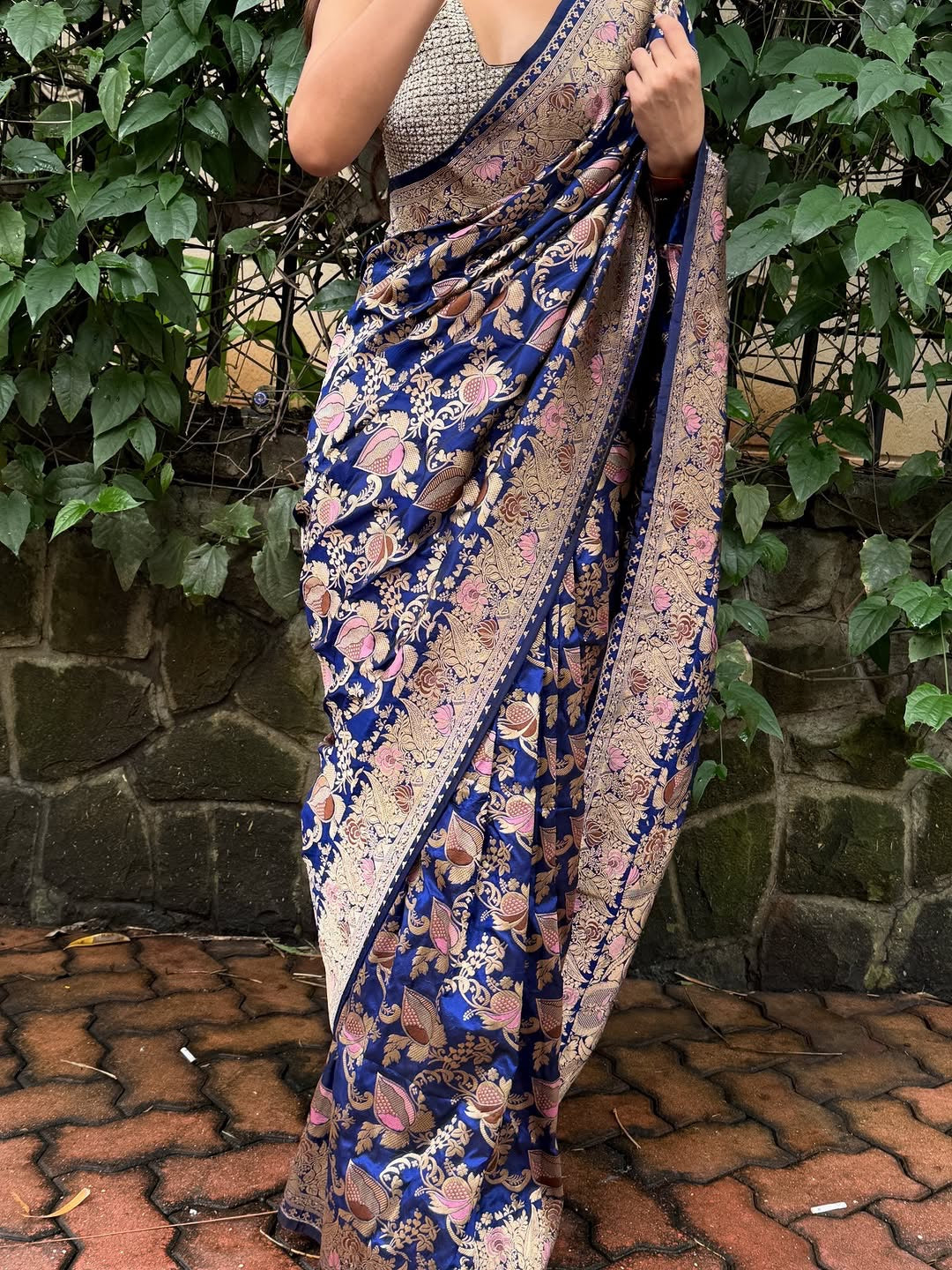 Handwoven Persian Blue Katan Silk Meenakari Jaal Saree