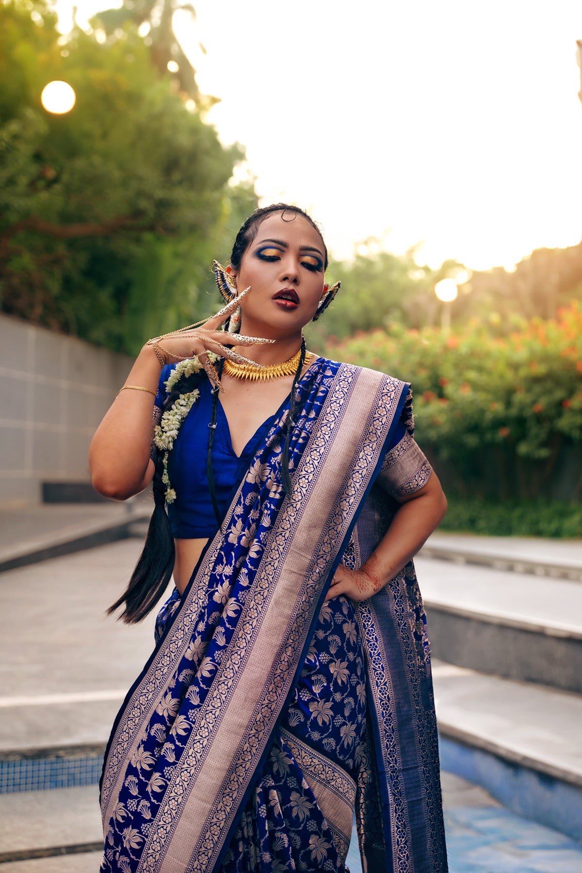 Handwoven Katan Silk Persian Blue Floral Jaal Banarasi Saree