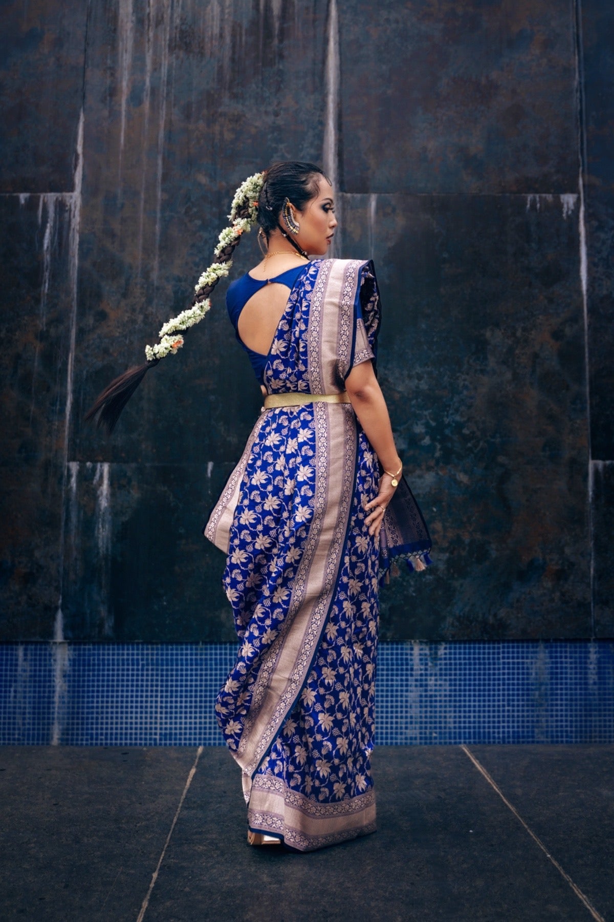 Handwoven Katan Silk Persian Blue Floral Jaal Banarasi Saree