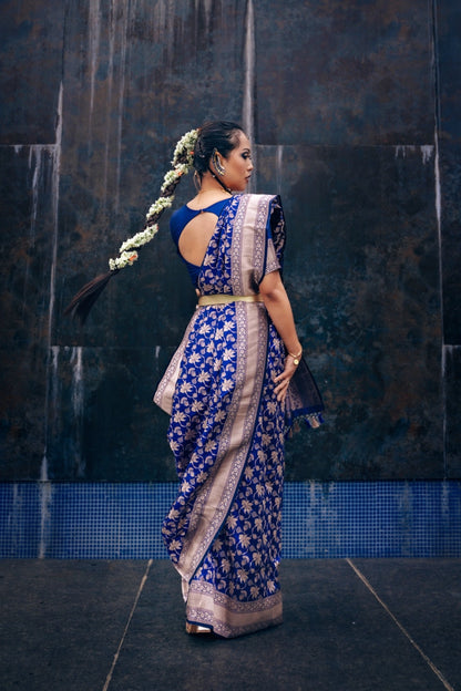 Handwoven Katan Silk Persian Blue Floral Jaal Banarasi Saree