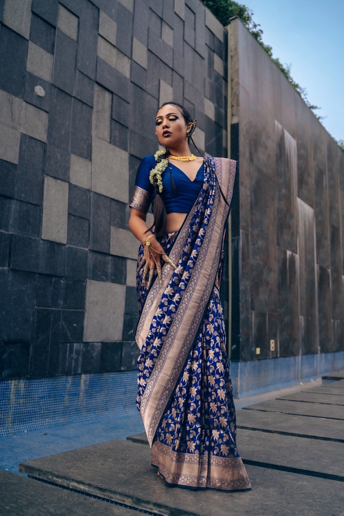 Handwoven Katan Silk Persian Blue Floral Jaal Banarasi Saree