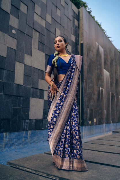 Handwoven Katan Silk Persian Blue Floral Jaal Banarasi Saree