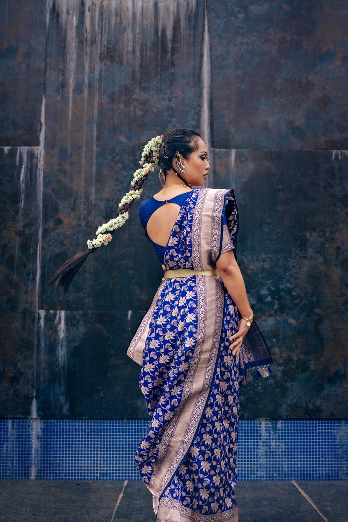 Handwoven Katan Silk Persian Blue Floral Jaal Banarasi Saree