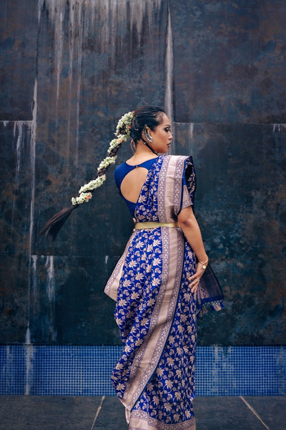 Handwoven Katan Silk Persian Blue Floral Jaal Banarasi Saree