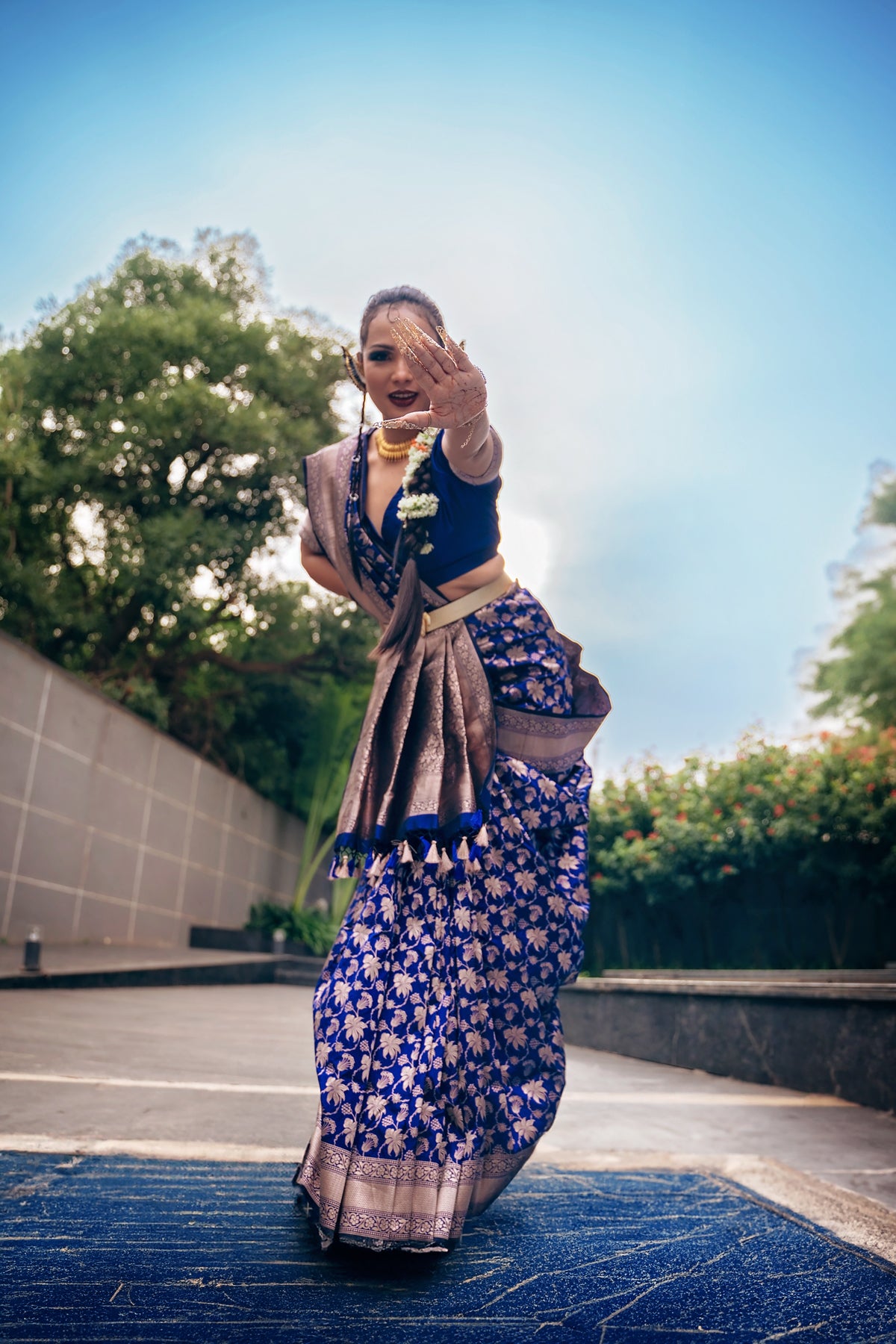 Handwoven Katan Silk Persian Blue Floral Jaal Banarasi Saree