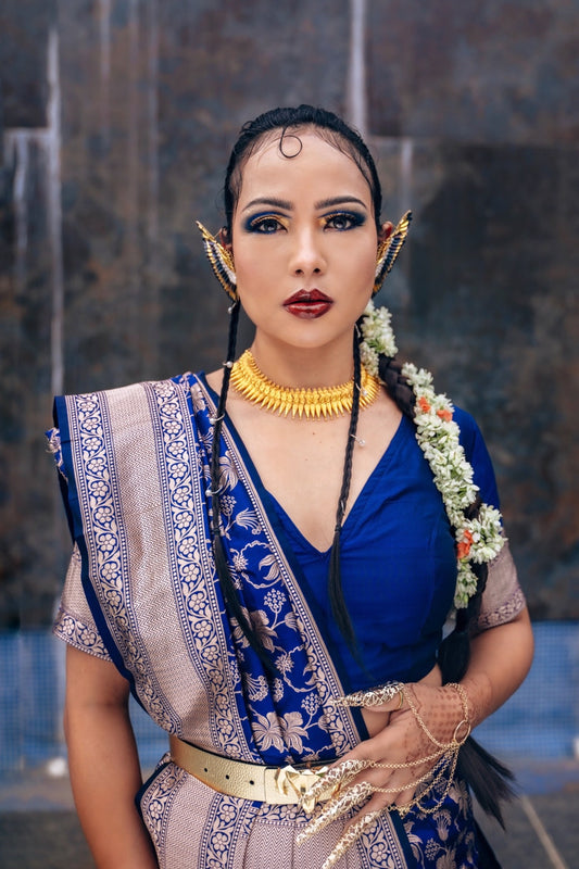 Handwoven Katan Silk Persian Blue Floral Jaal Banarasi Saree