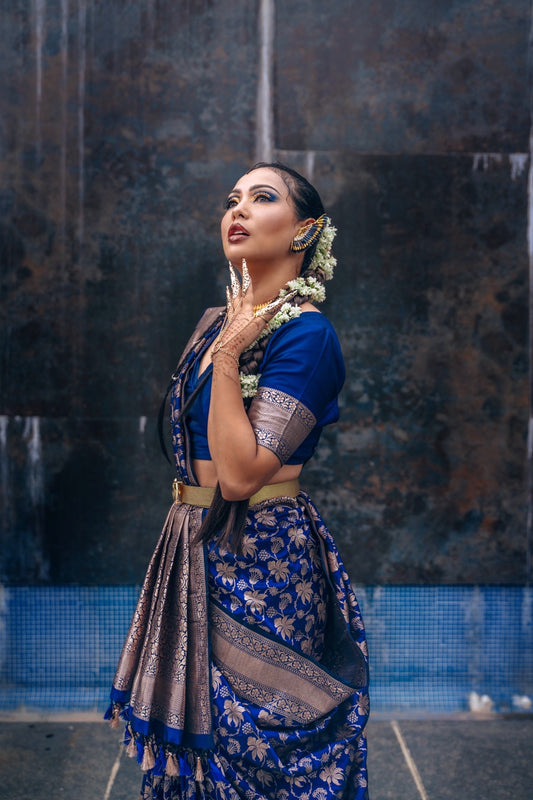 Handwoven Katan Silk Persian Blue Floral Jaal Banarasi Saree