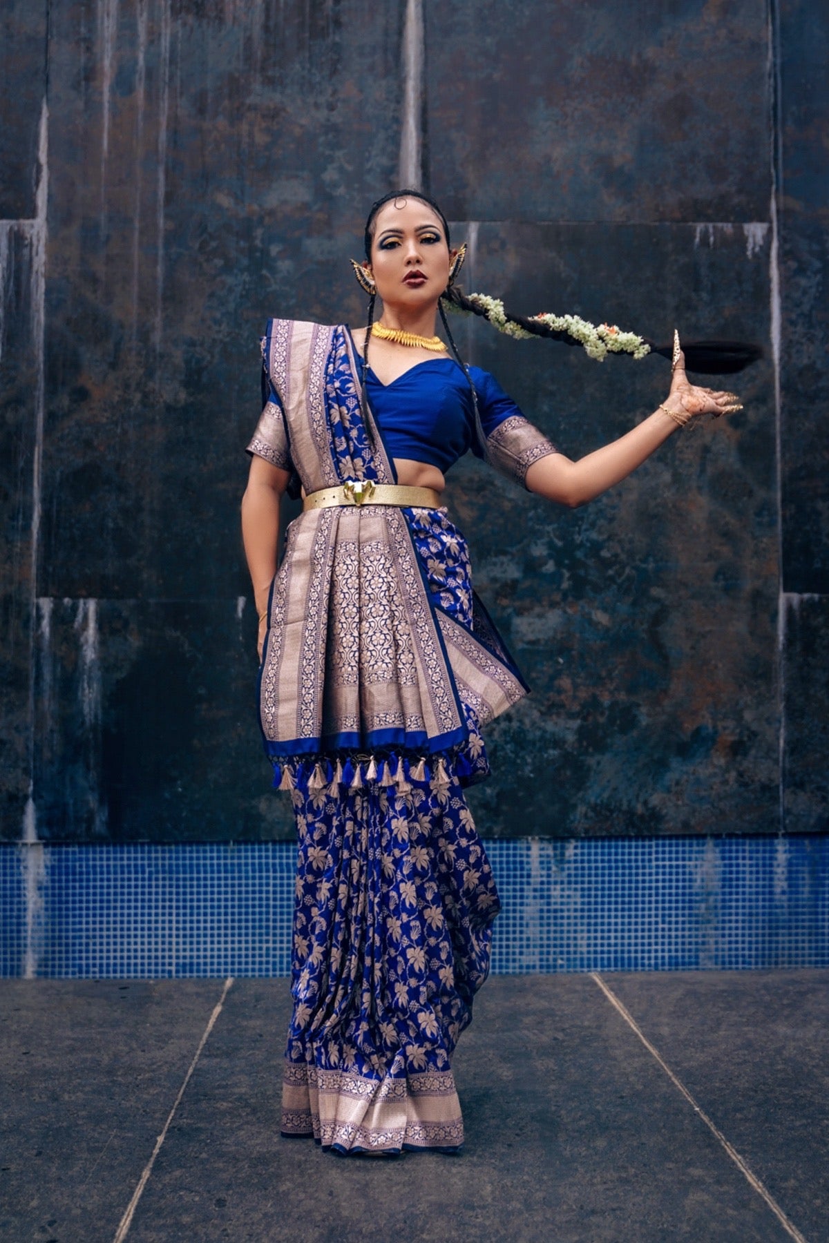 Handwoven Katan Silk Persian Blue Floral Jaal Banarasi Saree