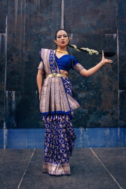 Handwoven Katan Silk Persian Blue Floral Jaal Banarasi Saree