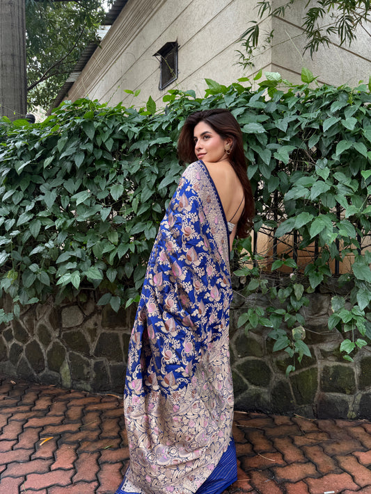 Handwoven Persian Blue Katan Silk Meenakari Jaal Saree