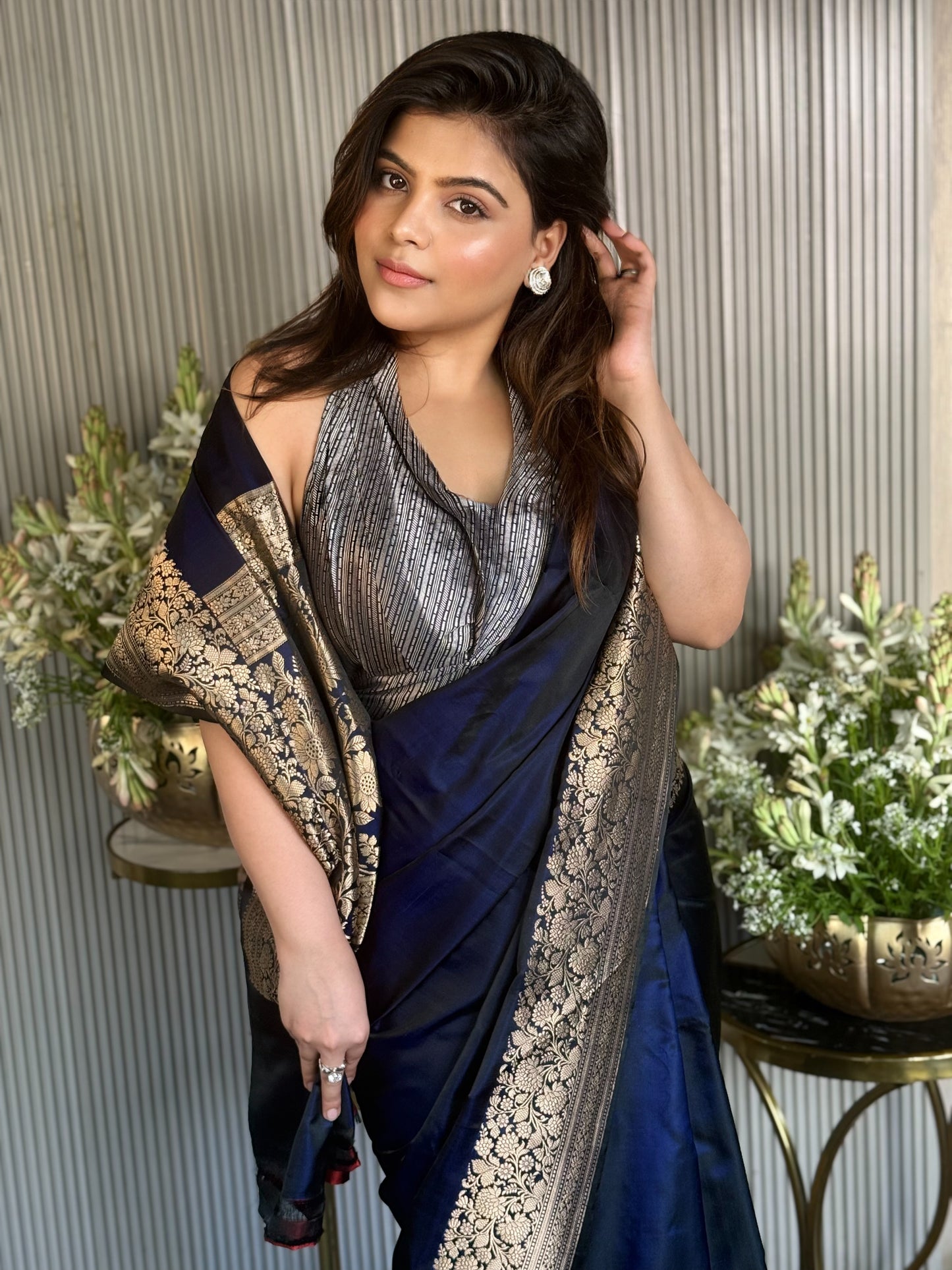Handwoven Navy Blue Katan Silk Kadhwa Border & Pallu Saree