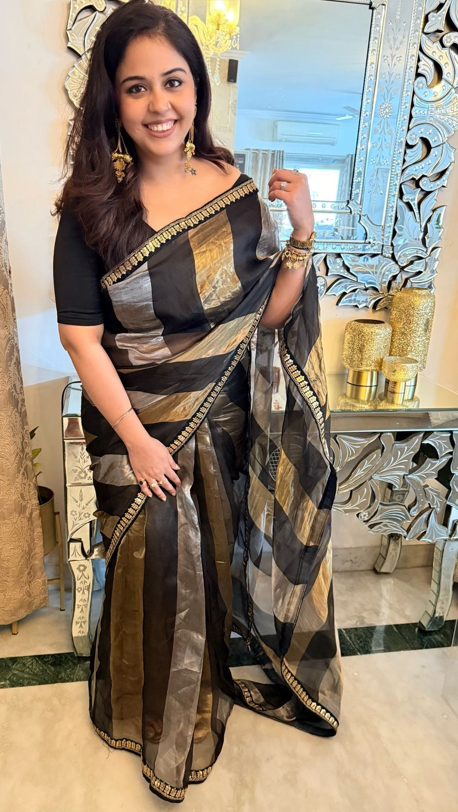 Handwoven Black Tissue Striped Dual Zari Saree