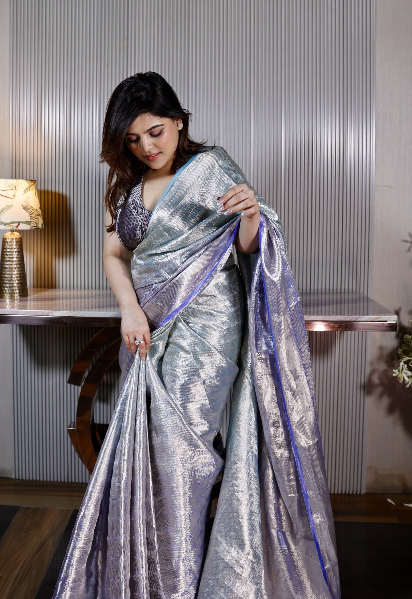 Handwoven Ombre Blue Tissue Brocade Banarasi Saree