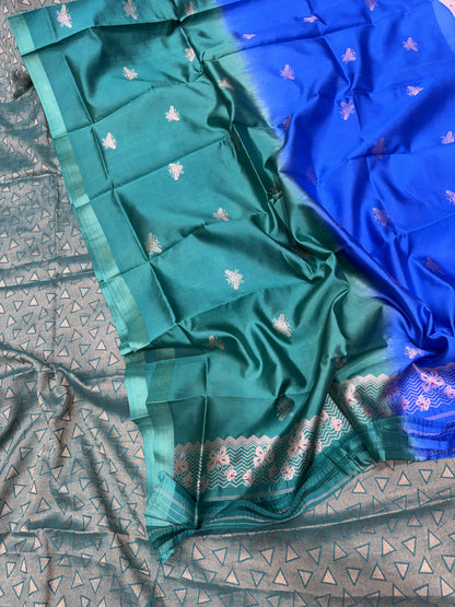 Handwoven monga silk triangle motifs green kurta paired with chinniya silk bee shades blue/ green dupatta set