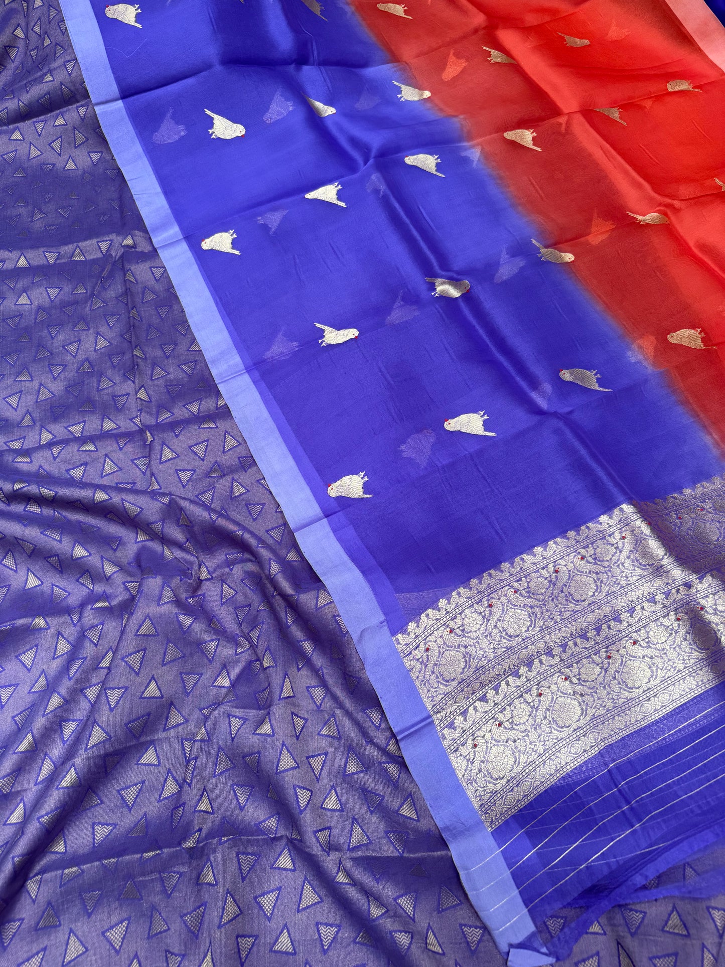 Handwoven Monga silk triangle motifs kurta with kora silk purple/ orange shaded dupatta