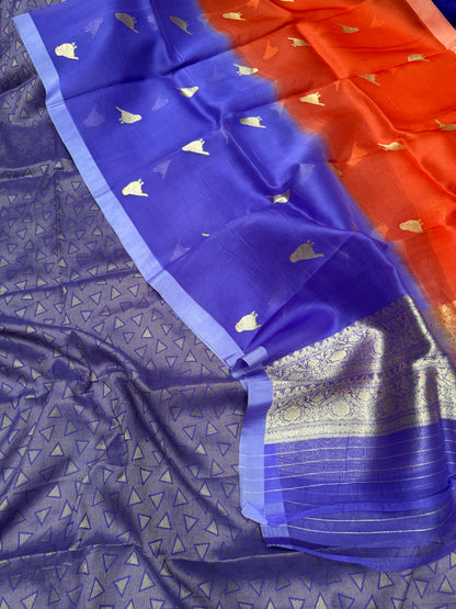 Handwoven Monga silk triangle motifs kurta with kora silk purple/ orange shaded dupatta