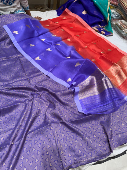 Handwoven Monga silk triangle motifs kurta with kora silk purple/ orange shaded dupatta
