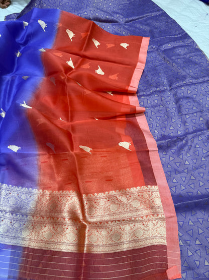Handwoven Monga silk triangle motifs kurta with kora silk purple/ orange shaded dupatta