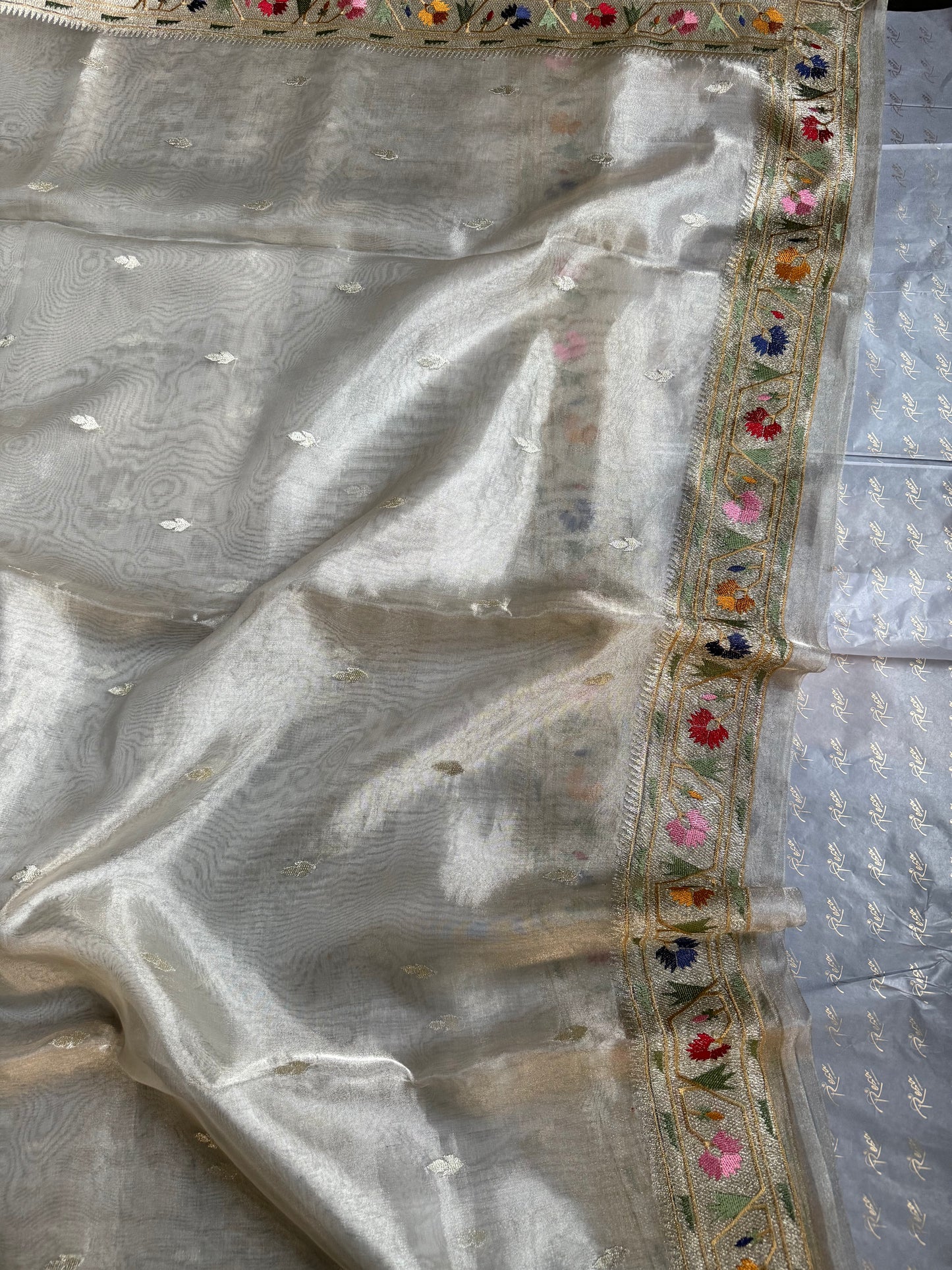 Handwoven Silver Tissue Saree With Paithani Resham Work Border