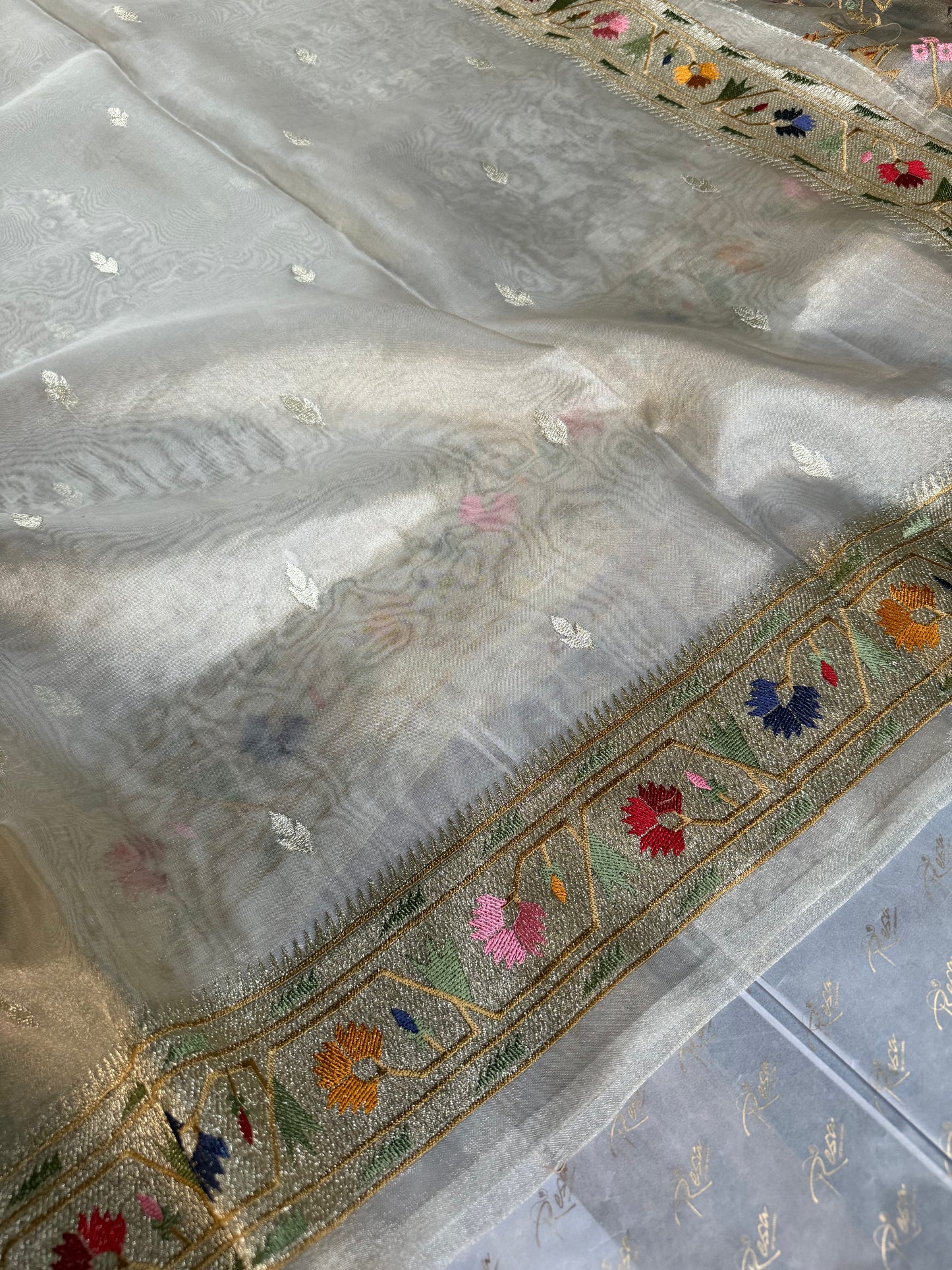 Handwoven Silver Tissue Saree With Paithani Resham Work Border