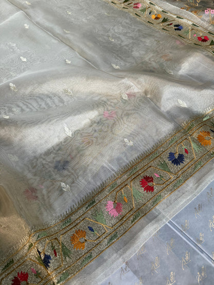Handwoven Silver Tissue Saree With Paithani Resham Work Border
