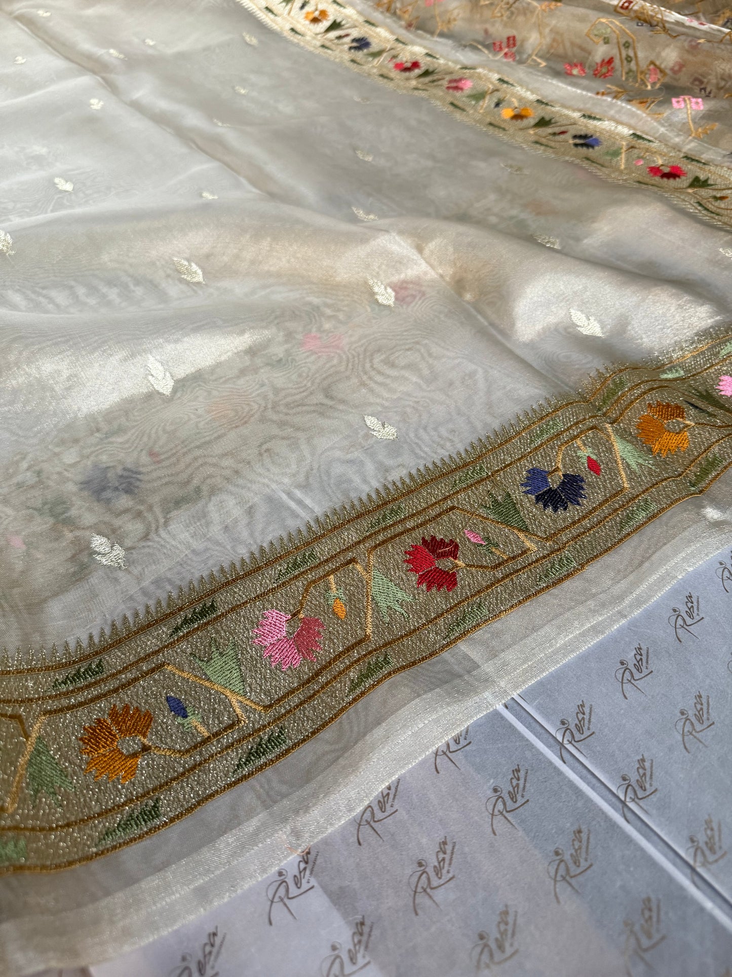 Handwoven Silver Tissue Saree With Paithani Resham Work Border