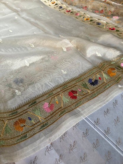Handwoven Silver Tissue Saree With Paithani Resham Work Border
