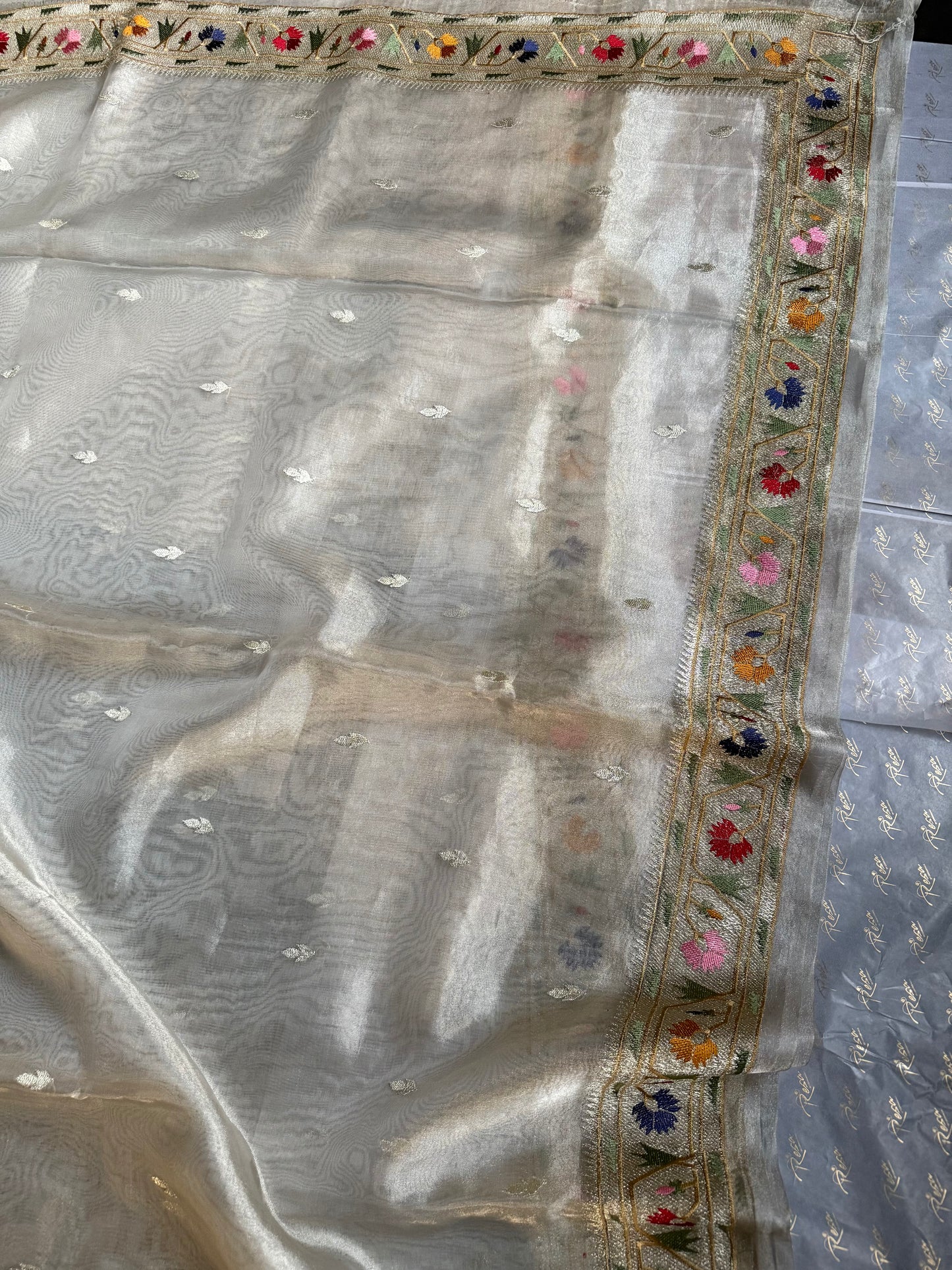 Handwoven Silver Tissue Saree With Paithani Resham Work Border