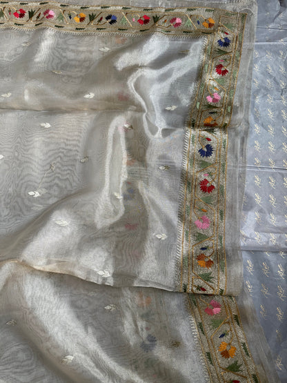 Handwoven Silver Tissue Saree With Paithani Resham Work Border