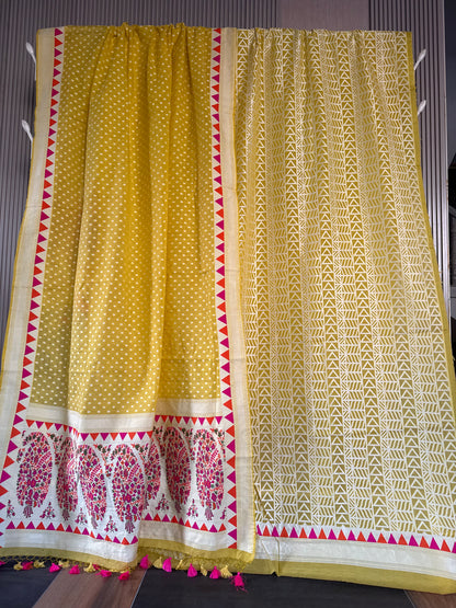Handwoven Yellow Cotton Silk Meenakari Abstract Suit Set