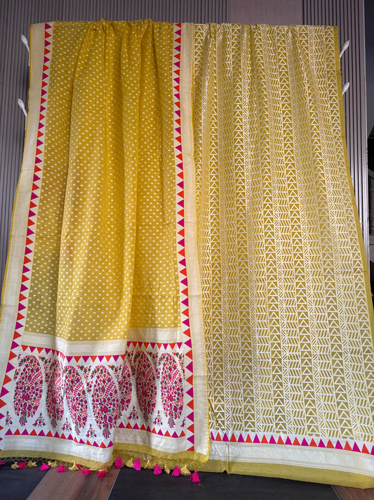 Handwoven Yellow Cotton Silk Meenakari Abstract Suit Set