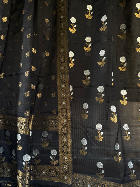 Handwoven Black Cotton Silk Dual Zari Suit Set