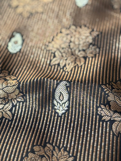 Handwoven Black Striped Silk Brocade Fabric Thaan