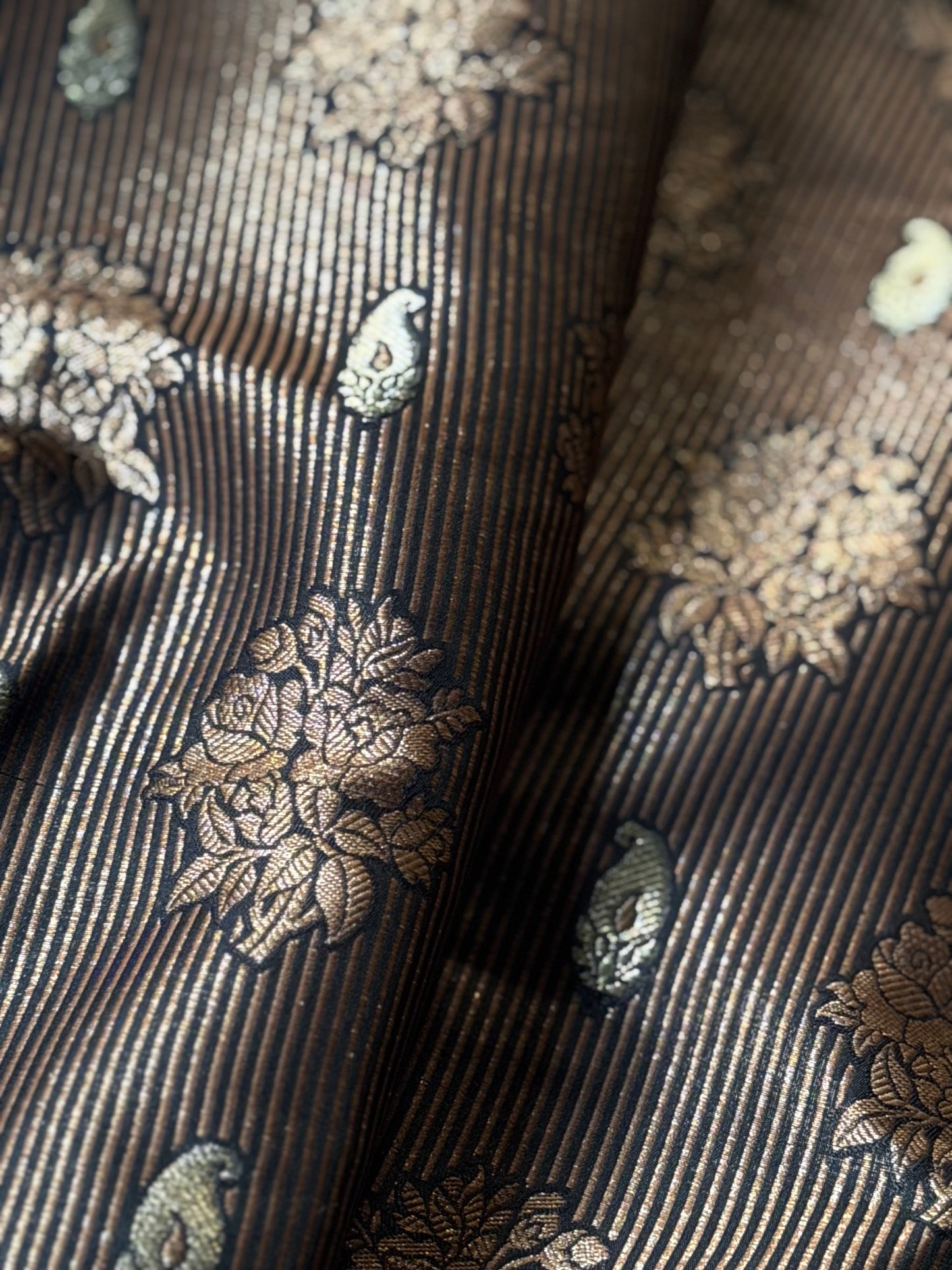 Handwoven Black Striped Silk Brocade Fabric Thaan