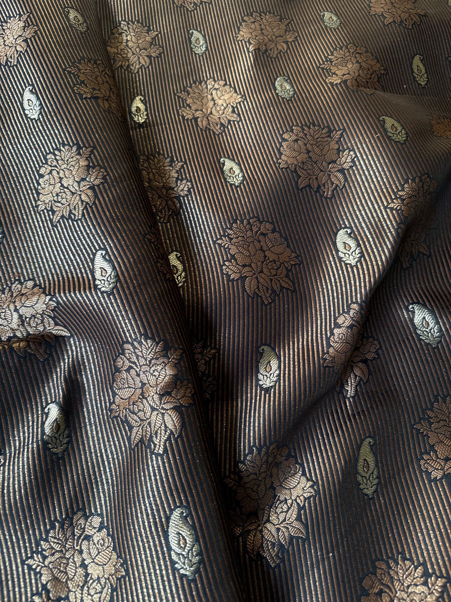 Handwoven Black Striped Silk Brocade Fabric Thaan