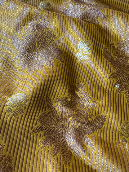 Handwoven Yellow Striped Silk Brocade Fabric Thaan