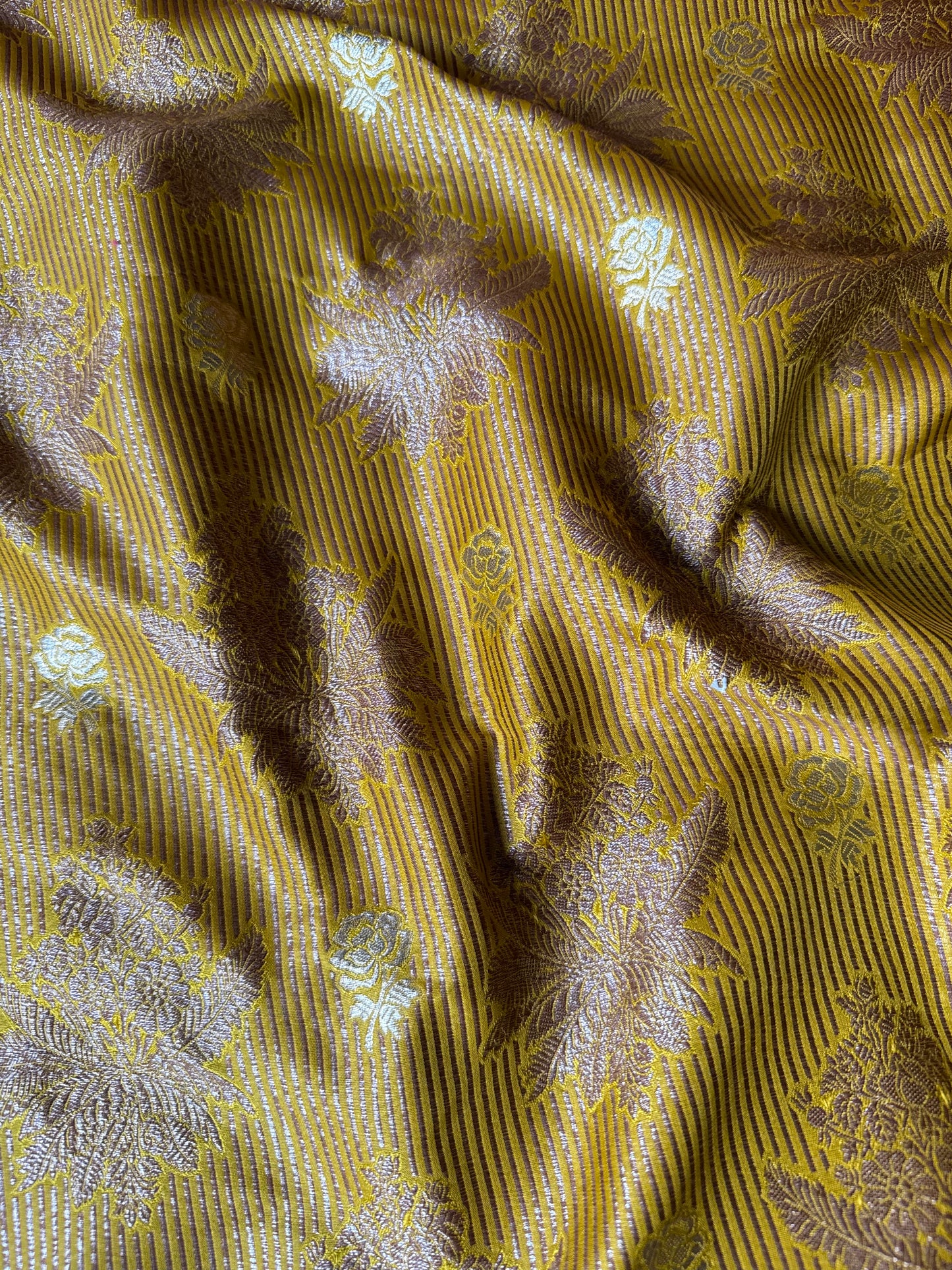 Handwoven Yellow Striped Silk Brocade Fabric Thaan