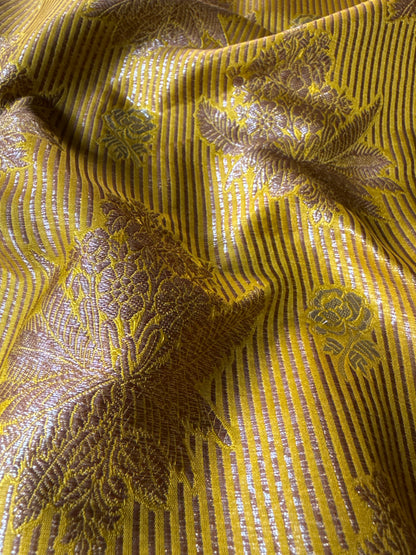 Handwoven Yellow Striped Silk Brocade Fabric Thaan