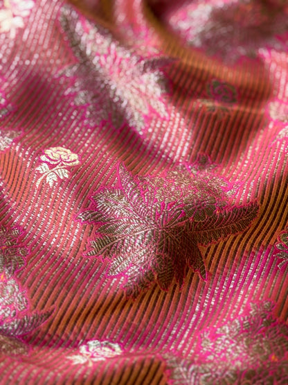 Handwoven Red Pink Striped Silk Brocade Fabric Thaan