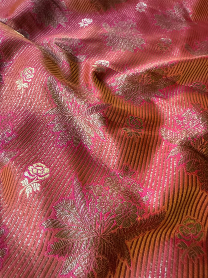 Handwoven Red Pink Striped Silk Brocade Fabric Thaan