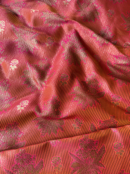 Handwoven Red Pink Striped Silk Brocade Fabric Thaan