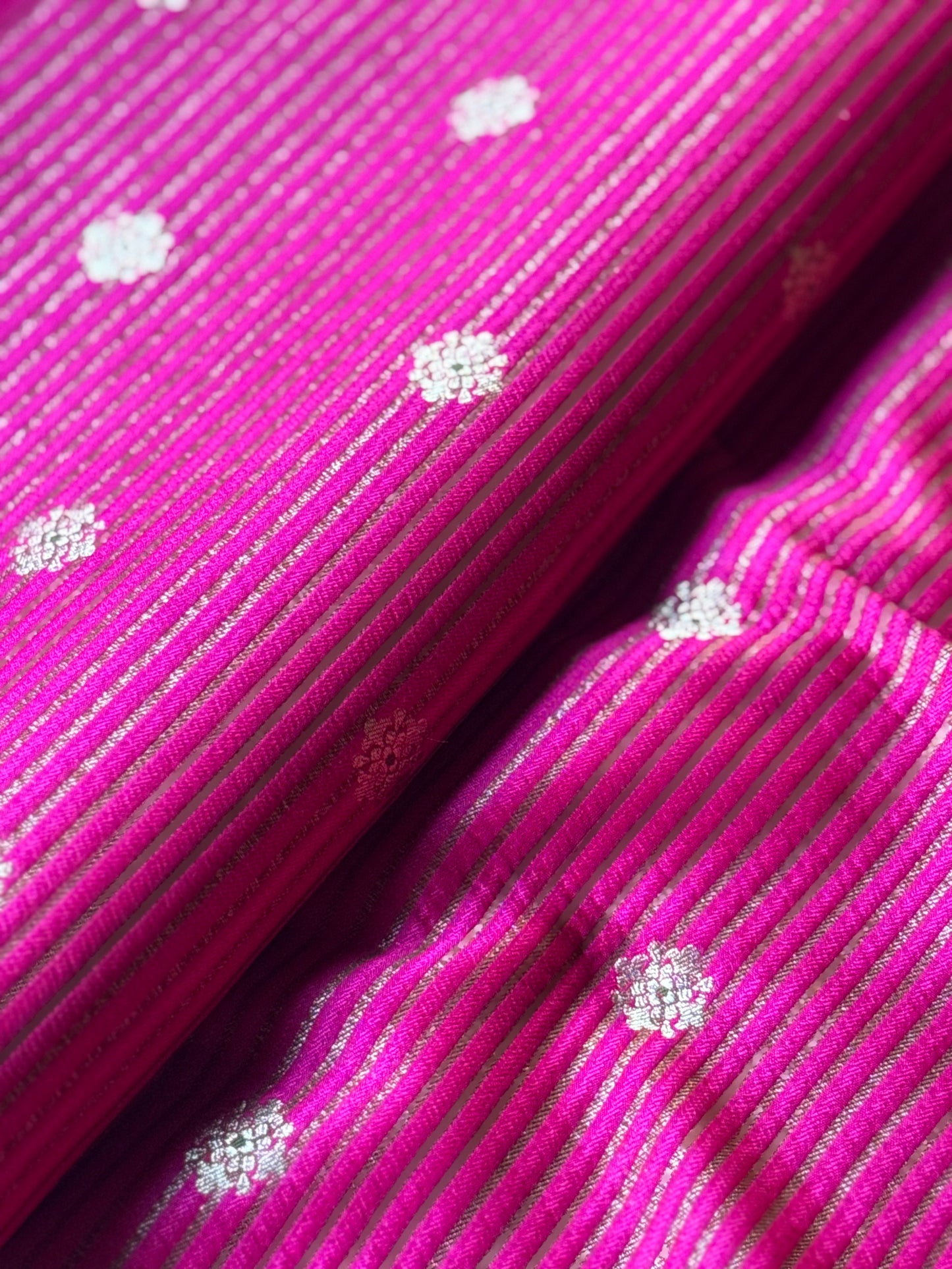 Handwoven Pink Silk Stripe With Flower Boota Fabric Thaan