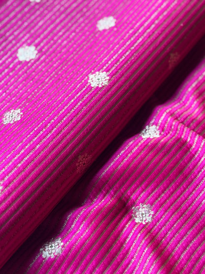 Handwoven Pink Silk Stripe With Flower Boota Fabric Thaan