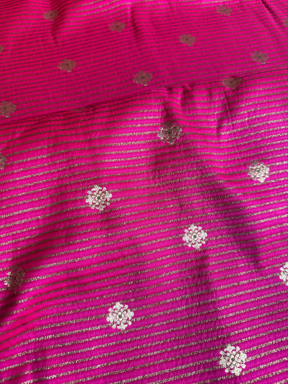 Handwoven Pink Silk Stripe With Flower Boota Fabric Thaan