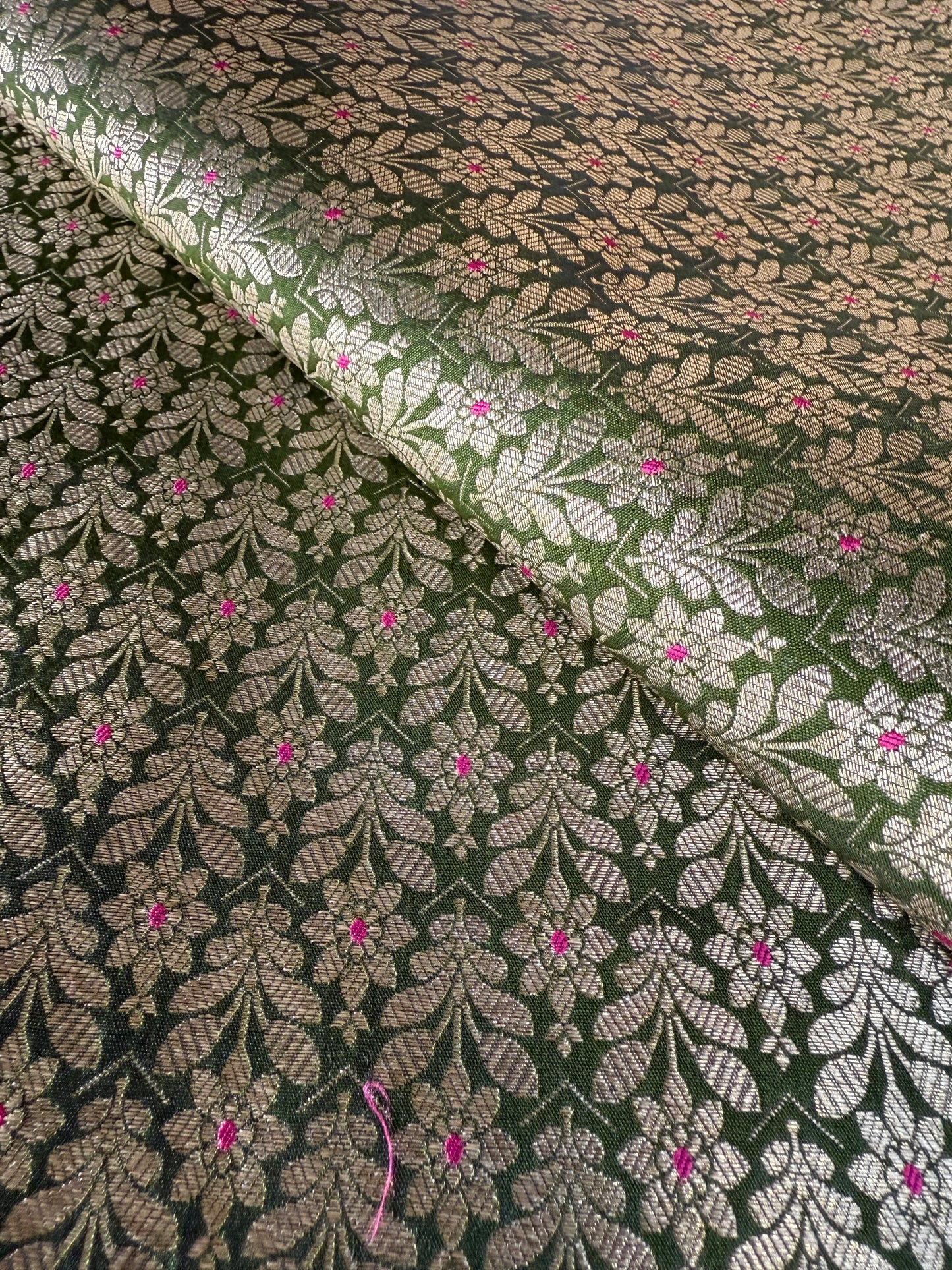 Handwoven Bottle Green Silk Brocade Meenakari Fabric Thaan