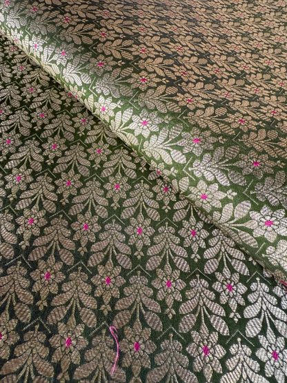 Handwoven Bottle Green Silk Brocade Meenakari Fabric Thaan